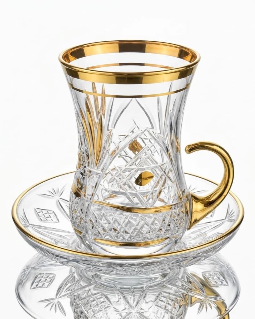 561-201 Kulplu Klasik Boy Çay Bardağı 100 cc ve Tabağı - Kubbe Altın Yaldız